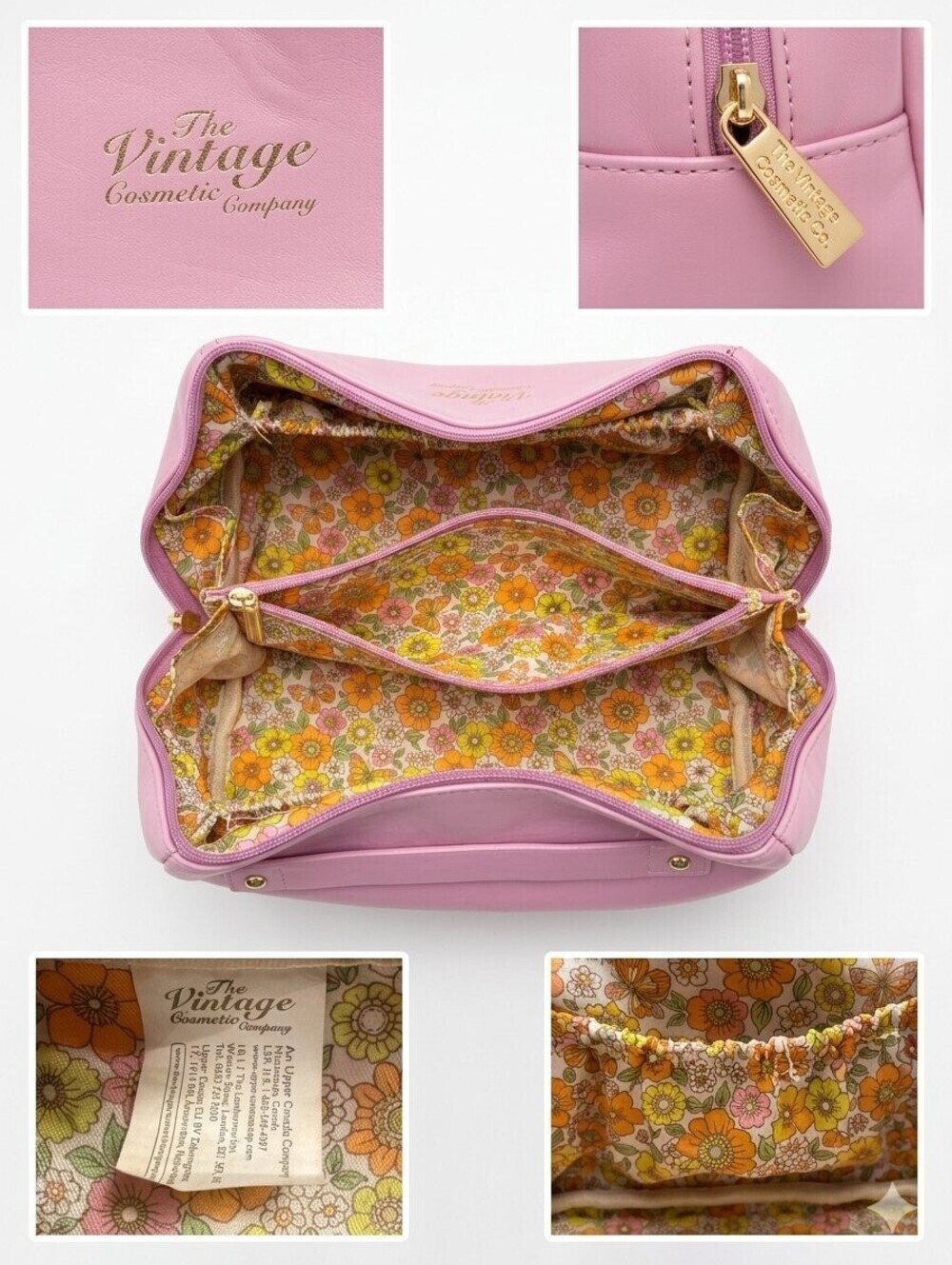 The Vintage Cosmetic Company Pink Leather Cosmetic Bag with Floral Interior